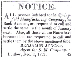 Advertisment for work at the Jencks' mills